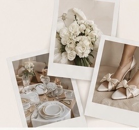 Bridal flowers, a wedding table setting and ivory bow heels