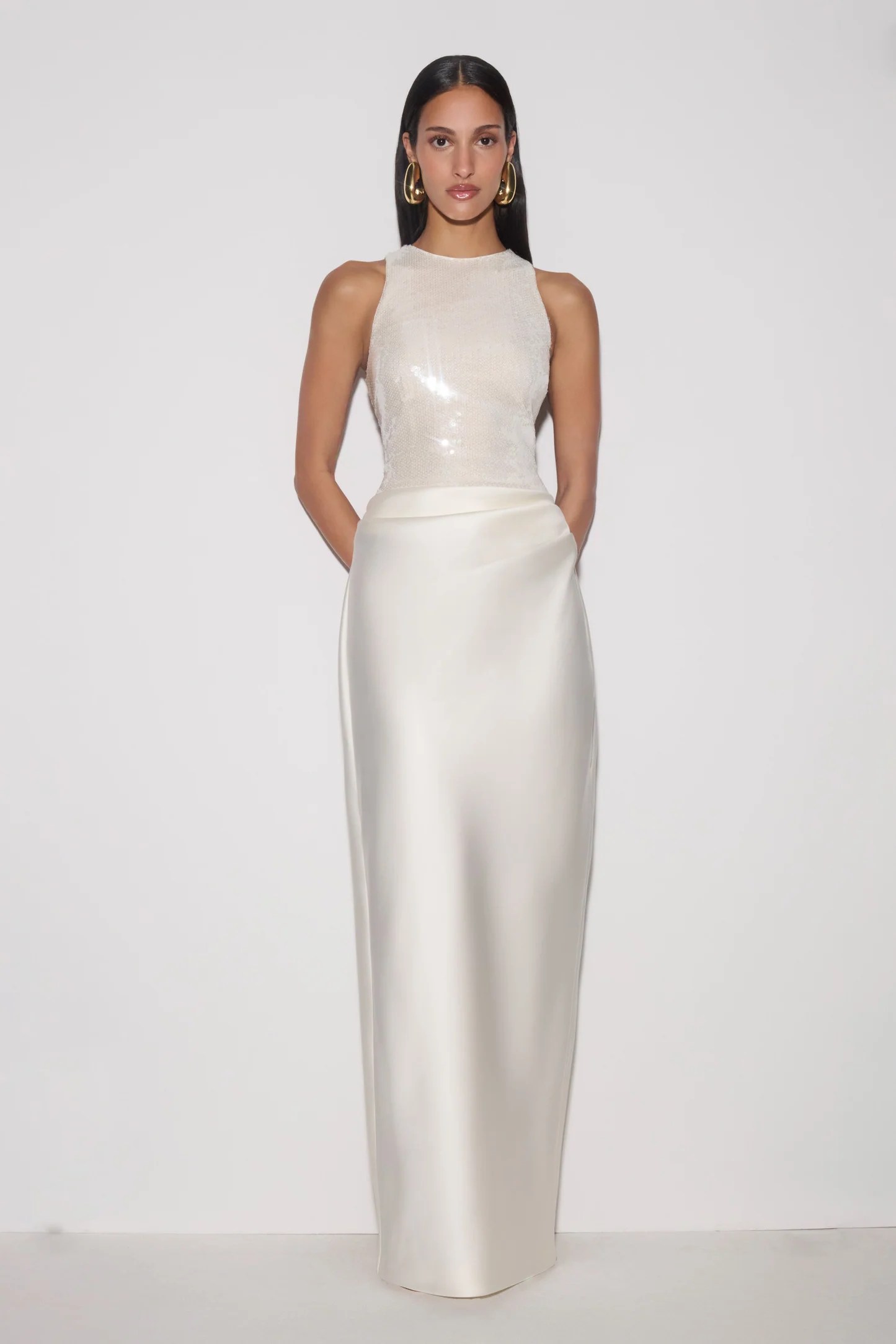 Modern ivory bridal column dress with clean sleeveless silhouette
