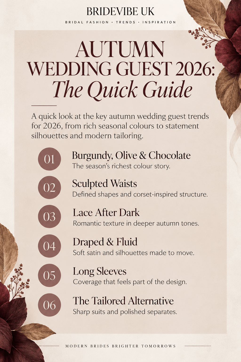Autumn wedding guest trends 2026 quick guide featuring burgundy, olive, chocolate, sculpted waists, lace, draped dresses and long sleeves